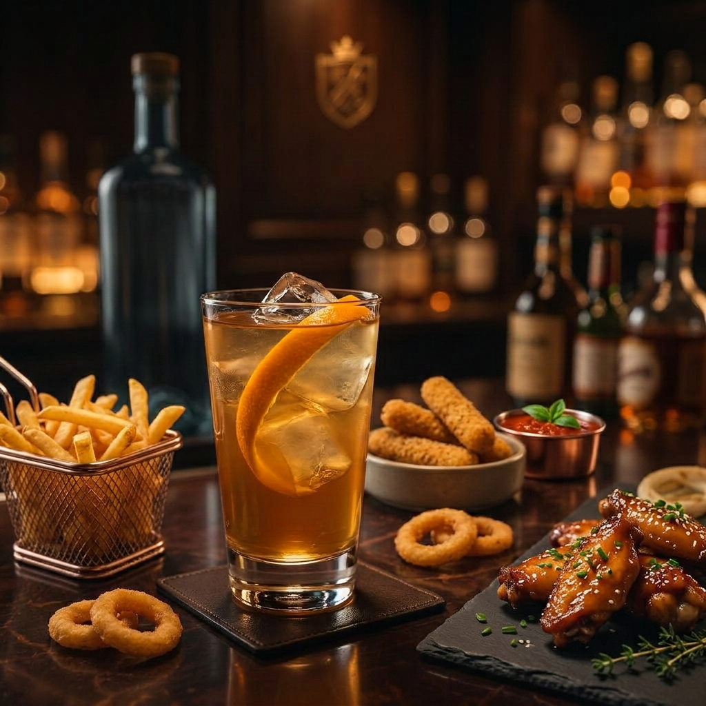 Drink com laranja acompanhado de porções de bar