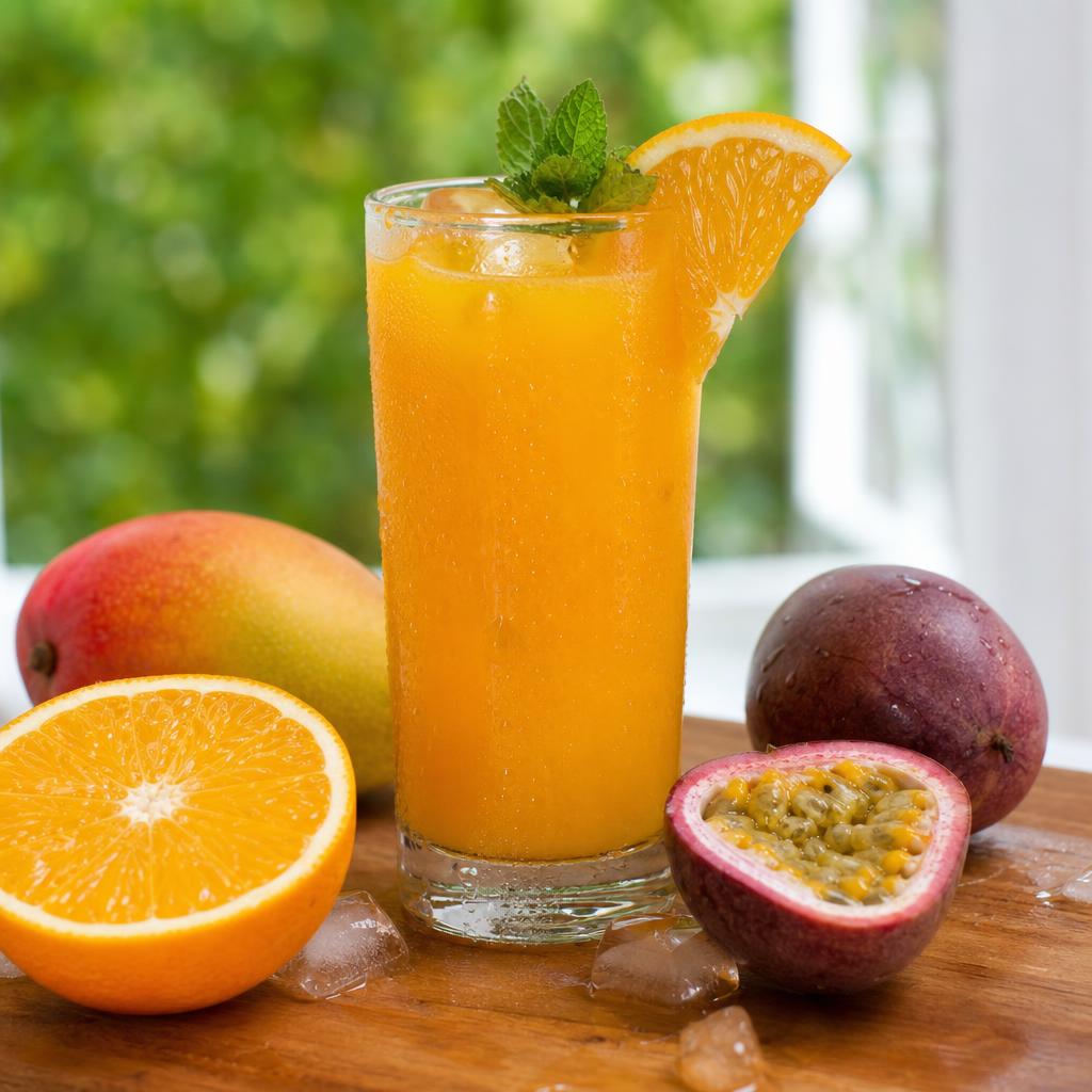 Suco de laranja com maracujá e manga em fundo claro