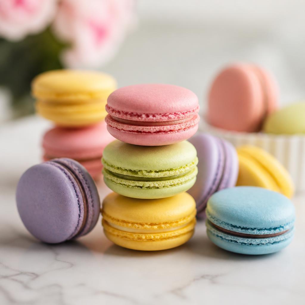 Macarons em tons pastel com flores ao fundo