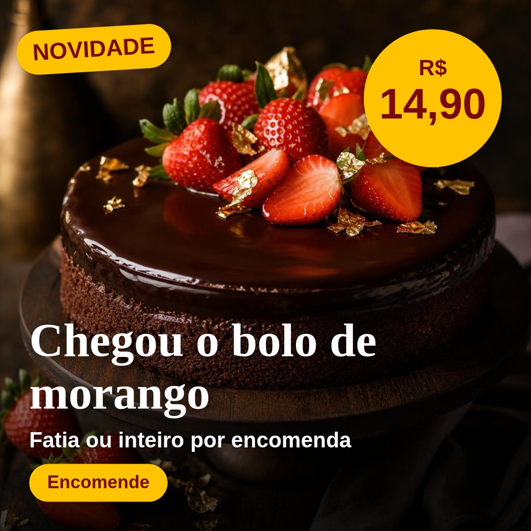 Post de novidade de bolo de morango com preço e botão Encomende