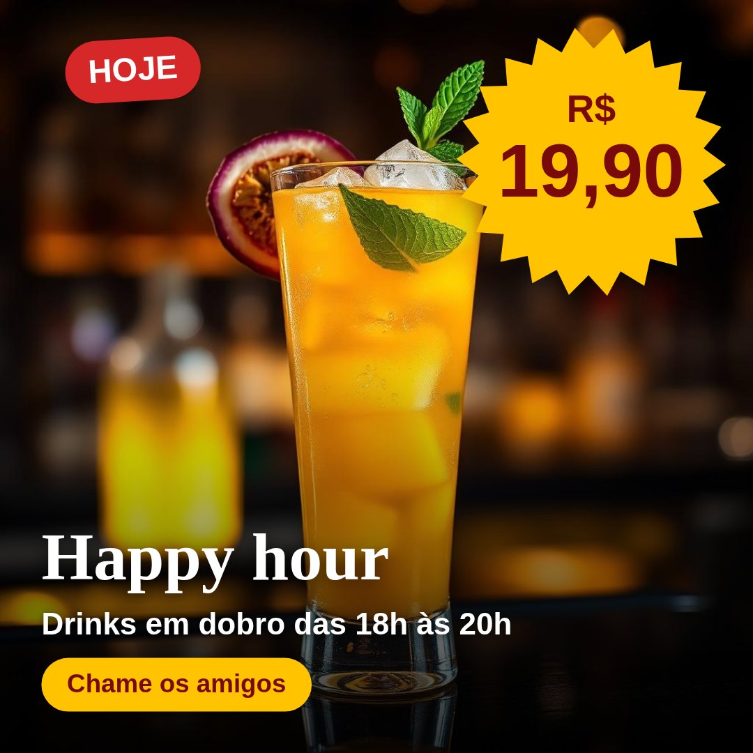 Post de happy hour com drink, selo Hoje e preço em estouro