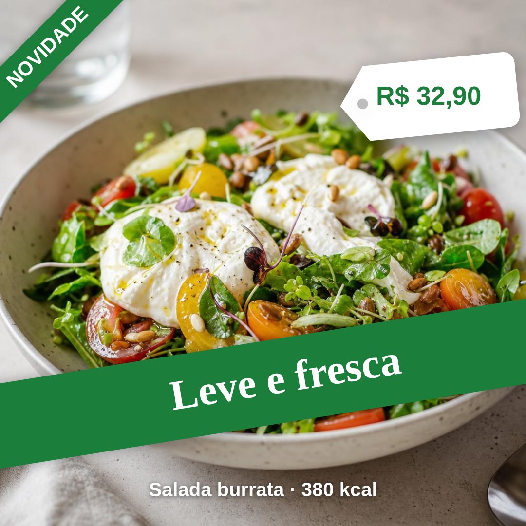 Post de salada burrata com faixa Novidade e etiqueta de preço, feito no PratoPro