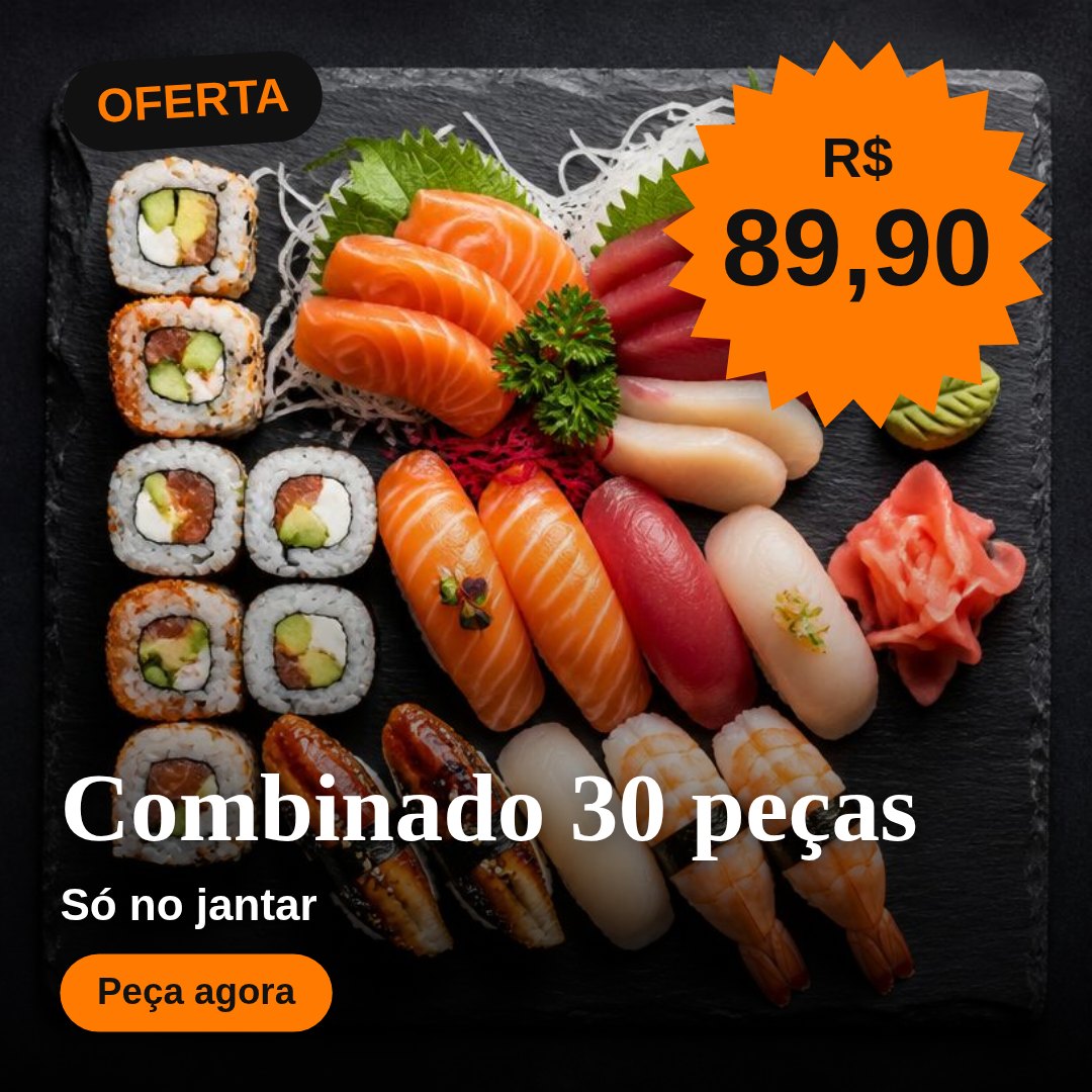 Post de oferta de combinado de sushi com preço em estouro laranja
